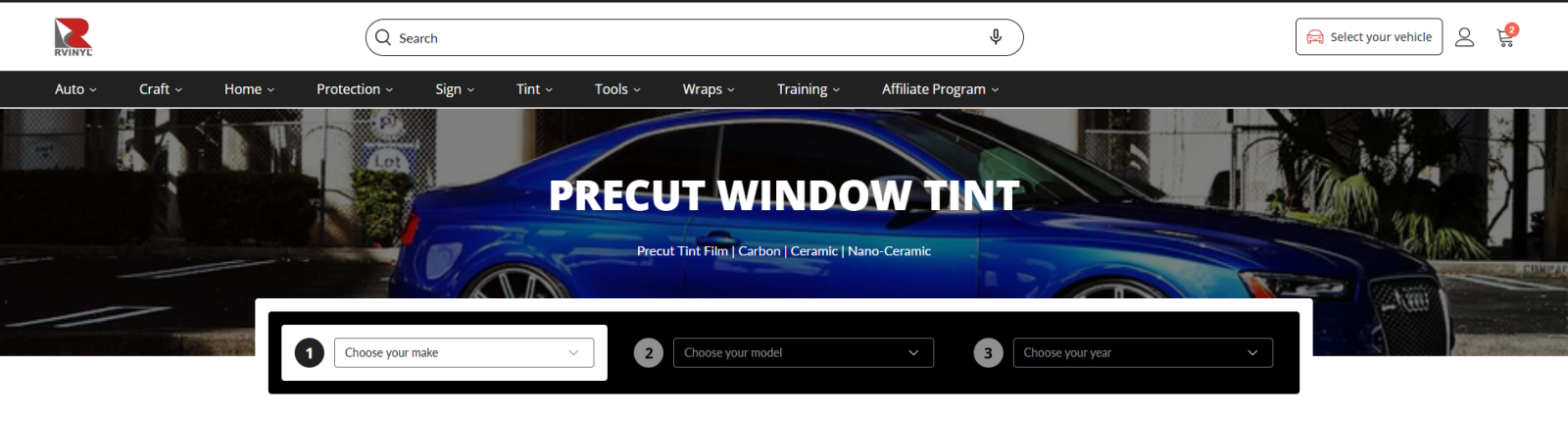 Rvinyl Precut Window Tint page showing vehicle-specific tint selection by make, model, and year.