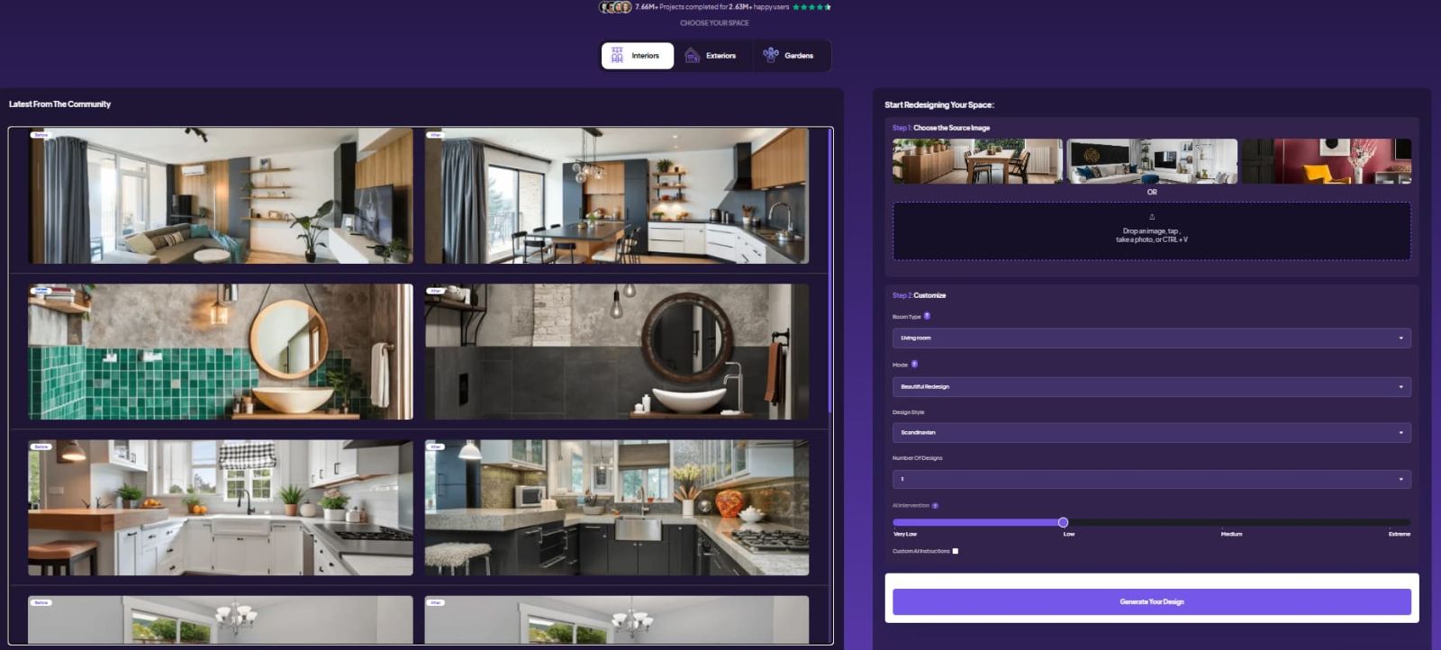 HomeDesigns.ai AI room redesign — interior, exterior and garden in under 30 seconds