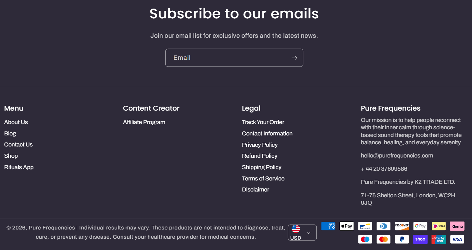 Pure Frequencies website footer showing contact details, shipping policy, refund policy, and disclaimer information