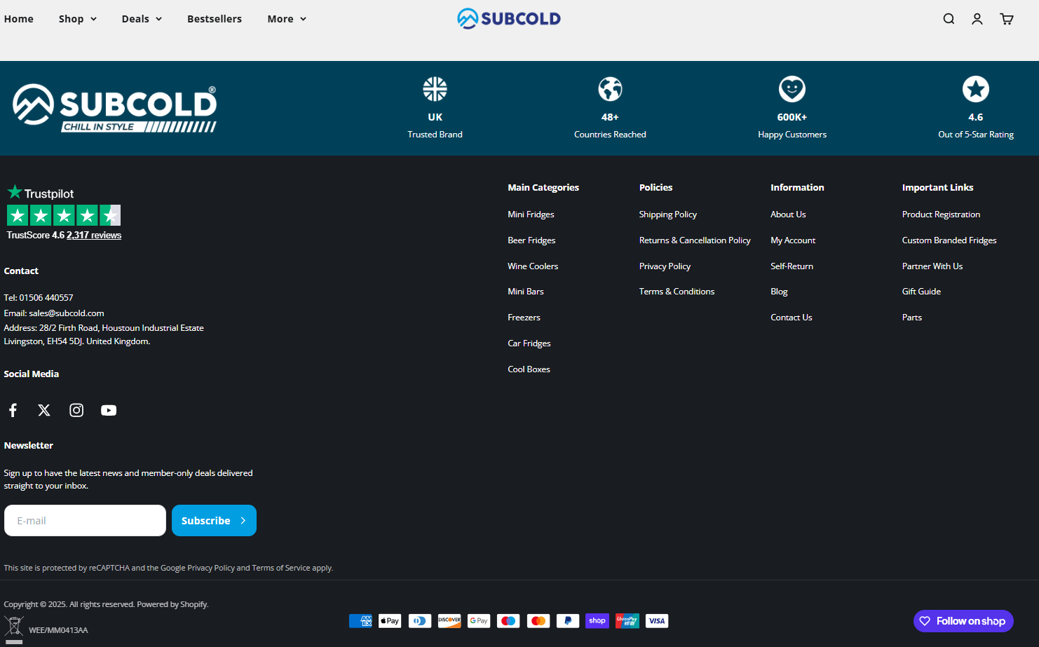 Subcold website footer showing Trustpilot rating, contact details, policy links, and customer support information