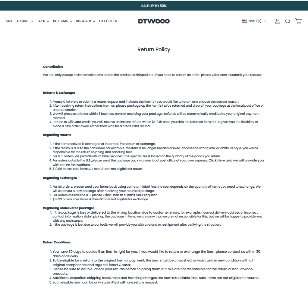 DTWOOO return policy page showing cancellation terms, returns and exchanges, refund details, and return conditions
