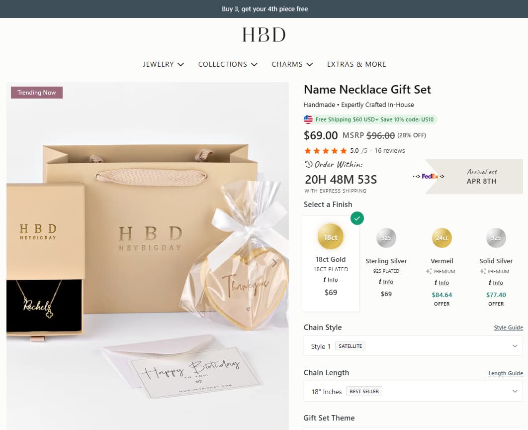 HBD Name Necklace Gift Set product page showing gift packaging, necklace presentation, current price, and product details