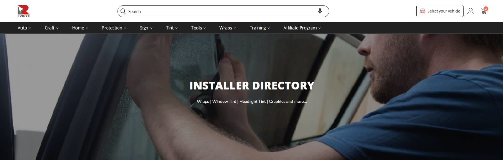 Rvinyl Installer Directory page showing support for wraps, window tint, and related installation services.