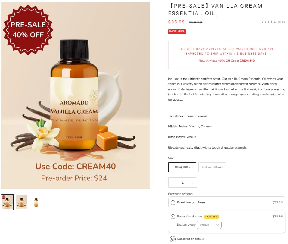 Aromadd Vanilla Cream Essential Oil product page showing sale price pre-sale code and subscribe save option
