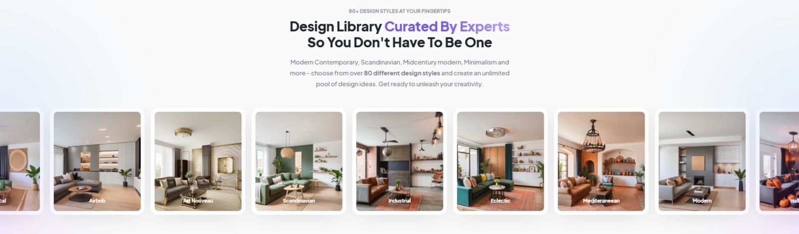 HomeDesigns.ai 80+ interior design styles including modern, Scandinavian, industrial, farmhouse