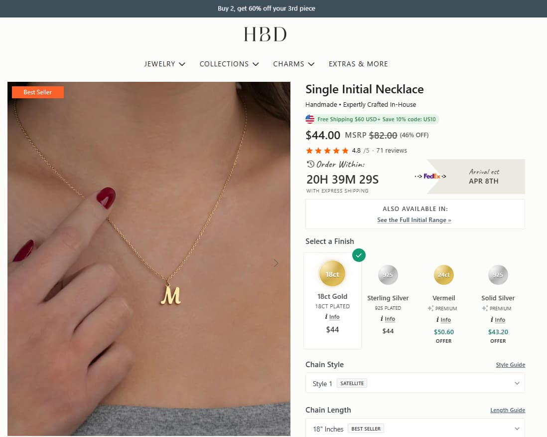 HBD Single Initial Necklace product page showing current price, review rating, finish options, and minimalist initial pendant design