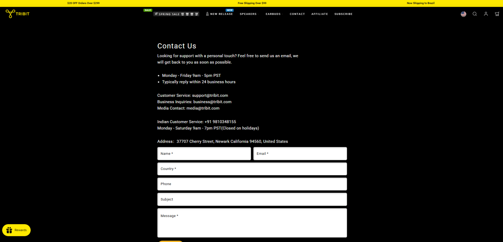 Tribit contact page showing customer support email, service hours, phone number, and business address