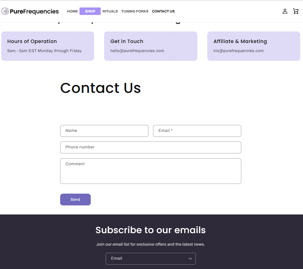 Pure Frequencies contact page showing hours of operation, support email, and affiliate marketing contact details