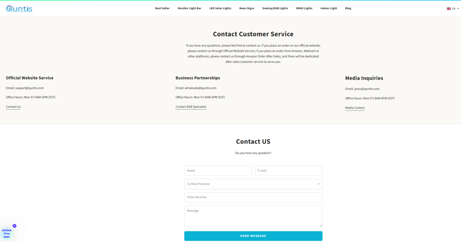 Quntis contact customer service page showing support email office hours and contact form