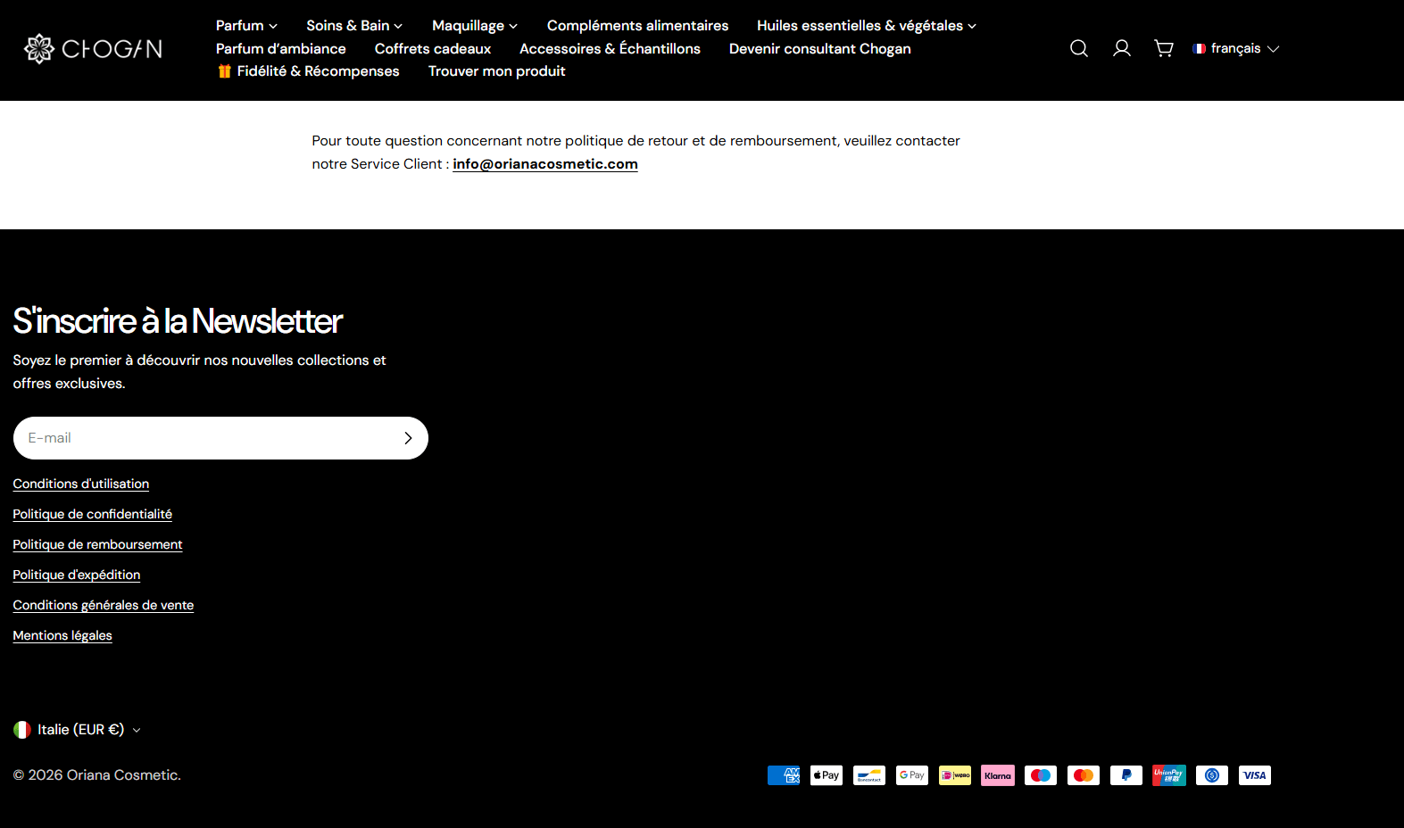Oriana Cosmetic footer showing refund shipping legal policy links contact email and payment methods