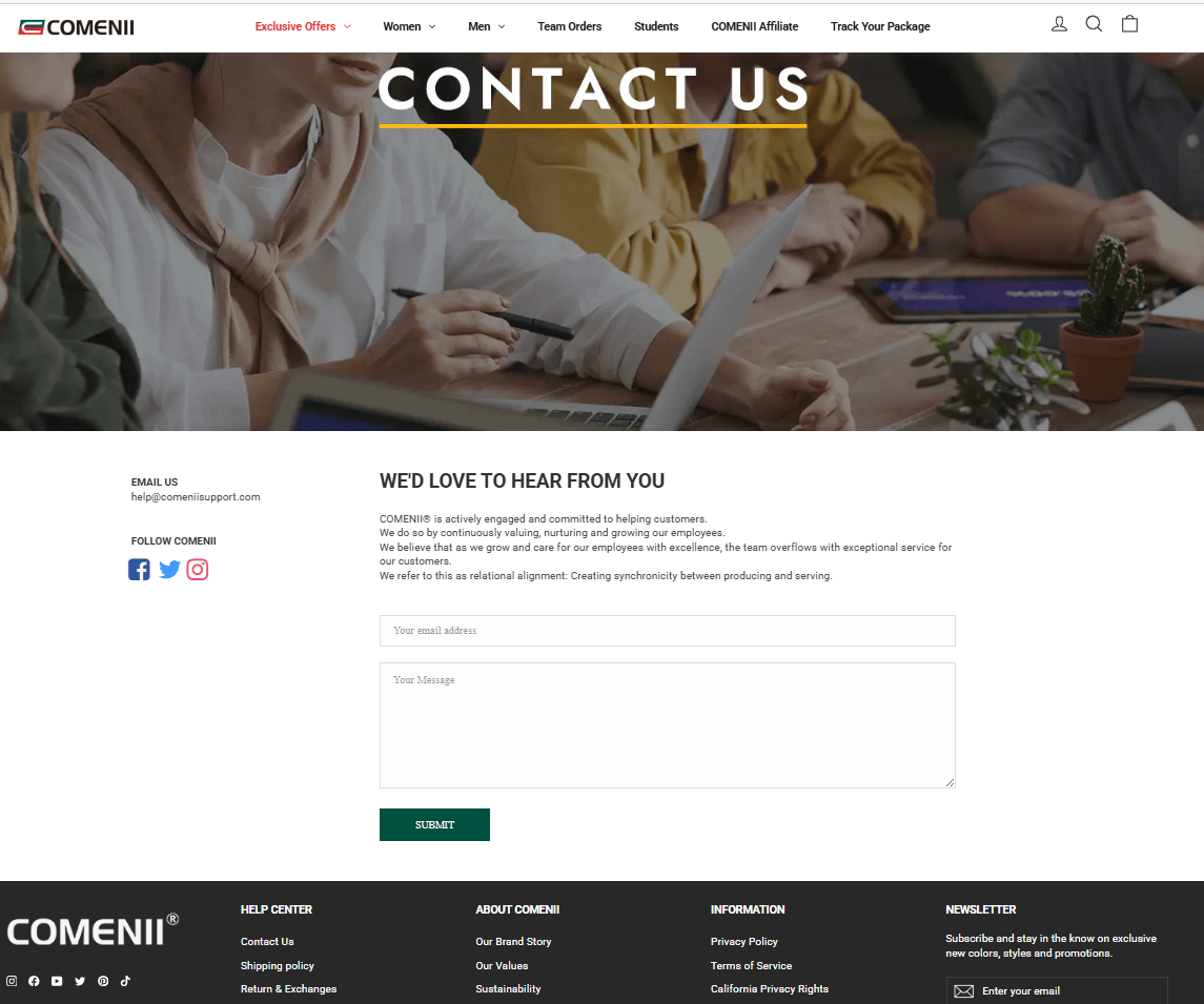 COMENII contact us page showing support email contact form and help center links