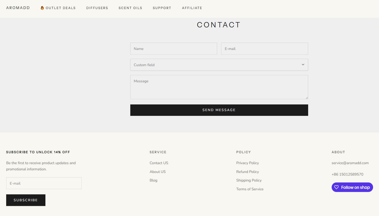 Aromadd contact page showing contact form policy links support email and phone number