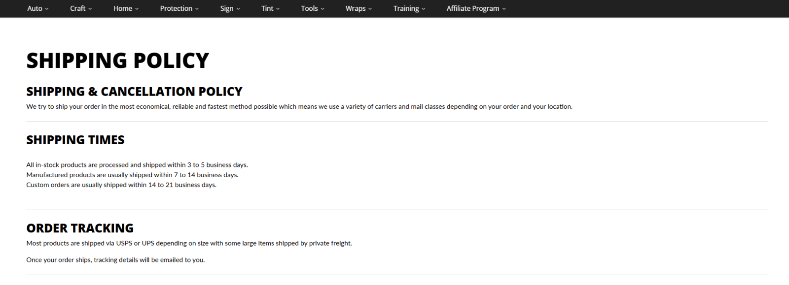 Rvinyl shipping policy page showing shipping times, order tracking, and delivery information for online orders.