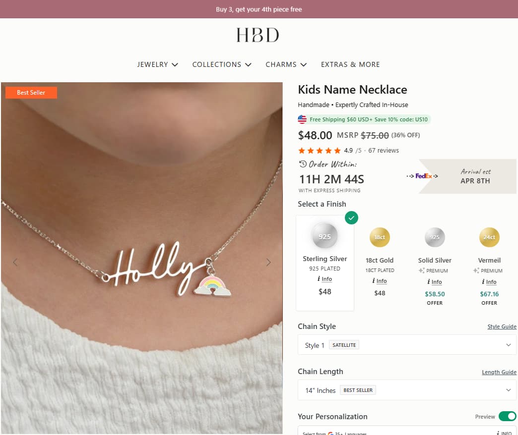 HBD Kids Name Necklace product page showing current price, review rating, finish options, and child-friendly personalised necklace design