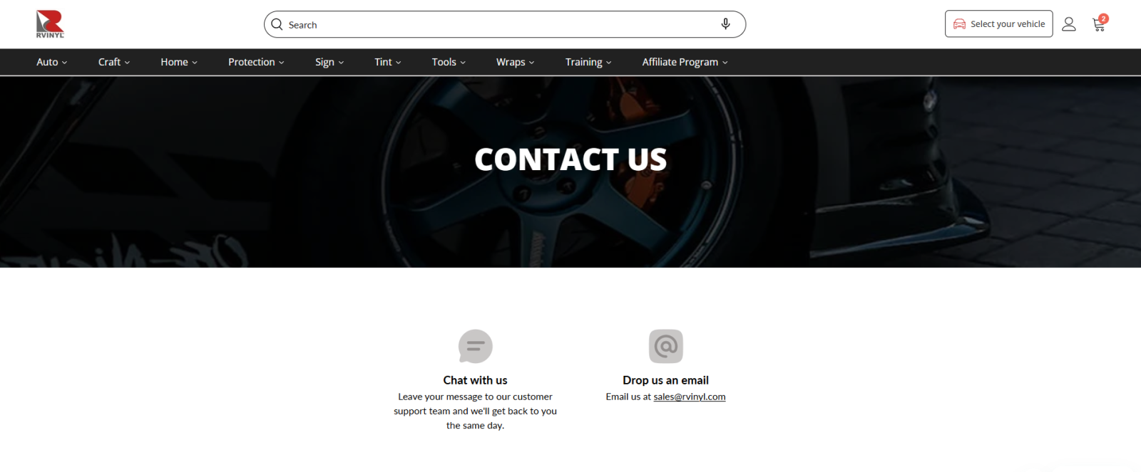 Rvinyl contact page showing chat support, email contact, and same-day customer support response information.