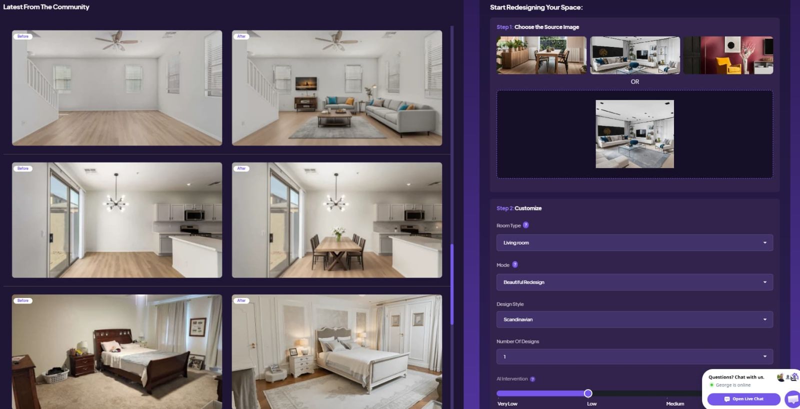 HomeDesigns.ai multiple room and space types — living room, bedroom, kitchen, exterior, garden