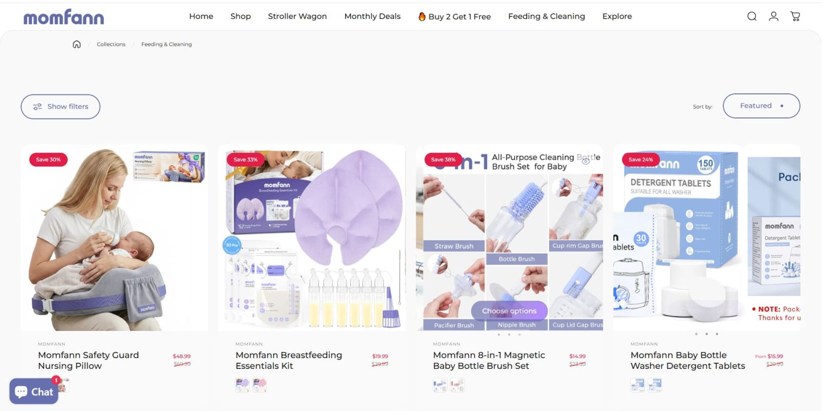 Feeding and Cleaning collection page on Momfann showing baby care essentials including a nursing pillow, breastfeeding kit, bottle brush set, and bottle washer detergent tablets.