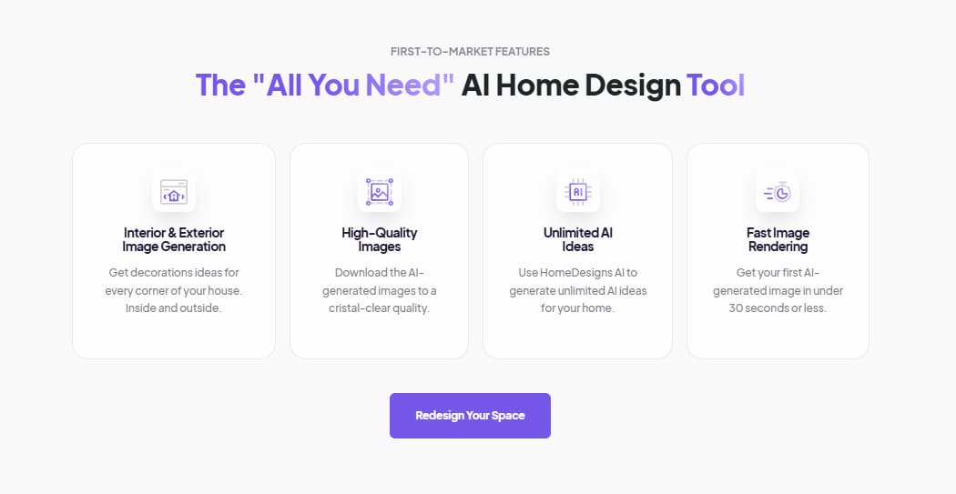 HomeDesigns.ai high-resolution rendering, furniture finder, and advanced features