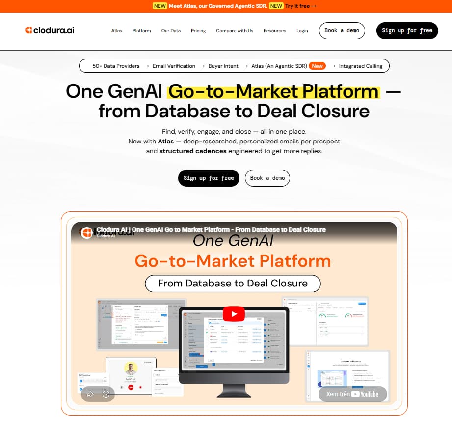 Clodura.AI homepage showing GenAI go-to-market platform for B2B prospecting and outreach