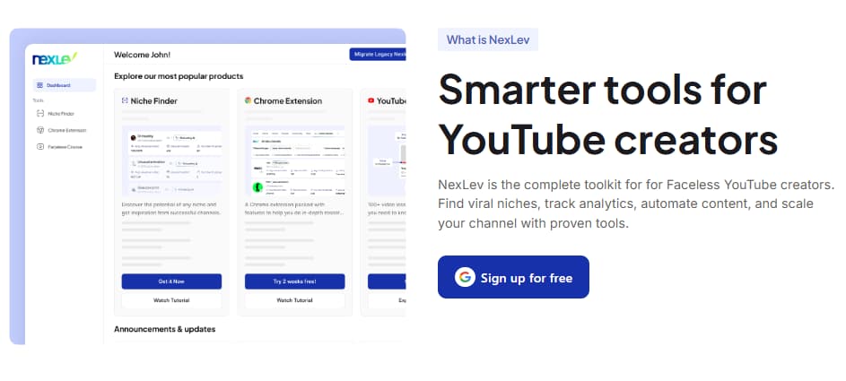 NexLev platform overview showing Niche Finder Chrome Extension YouTube Course and creator trust signals