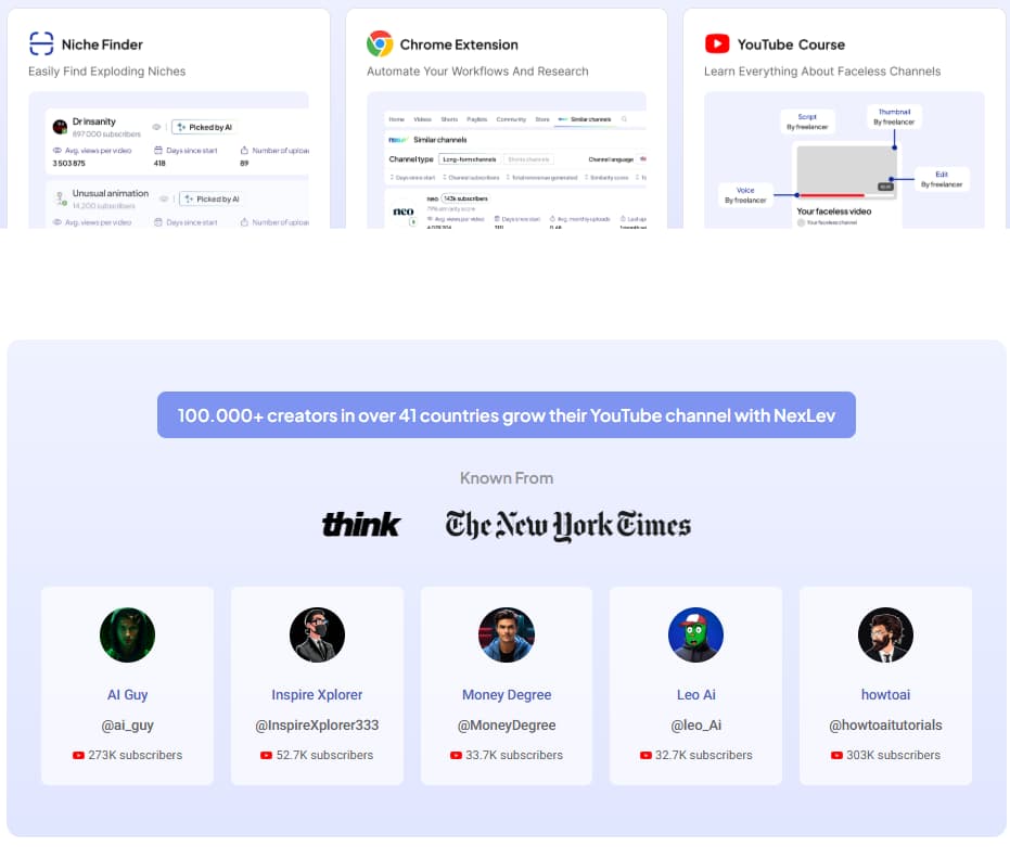 NexLev Niche Finder and YouTube research workflow feature screenshot