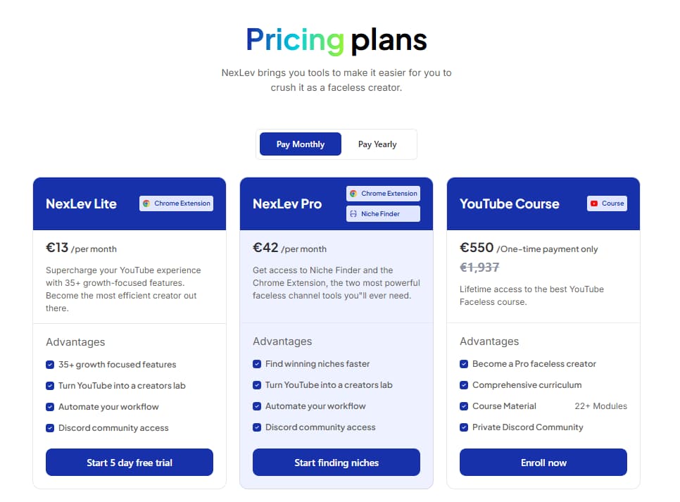 NexLev monthly pricing screenshot with Lite Pro and YouTube Course plans