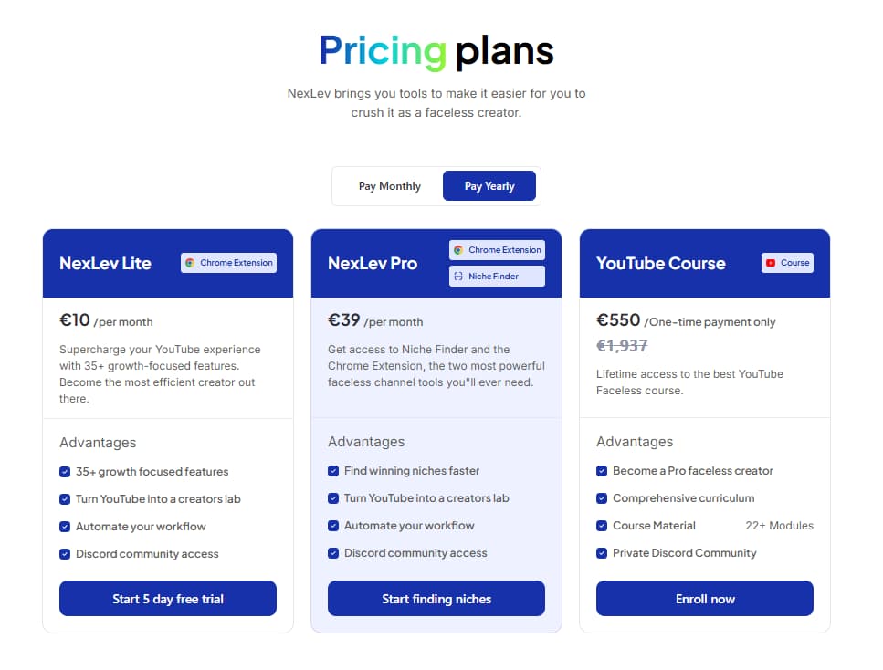NexLev yearly pricing screenshot with Lite Pro and YouTube Course plans