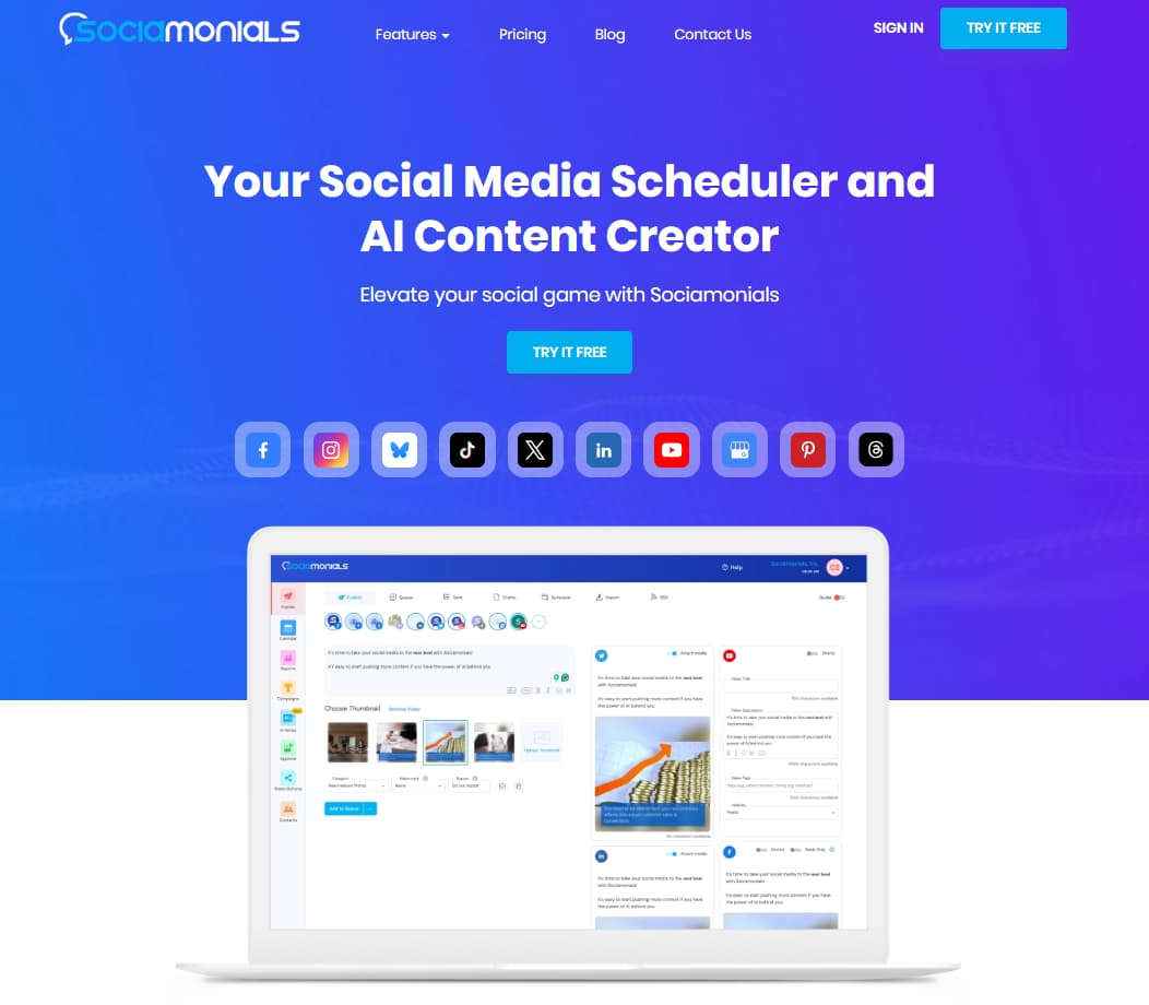 Sociamonials homepage showing social media scheduler and AI content creator