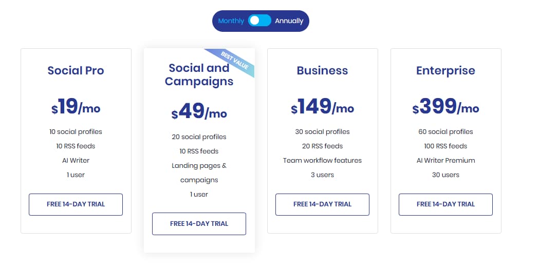 Sociamonials pricing screenshot showing monthly and annual plan options
