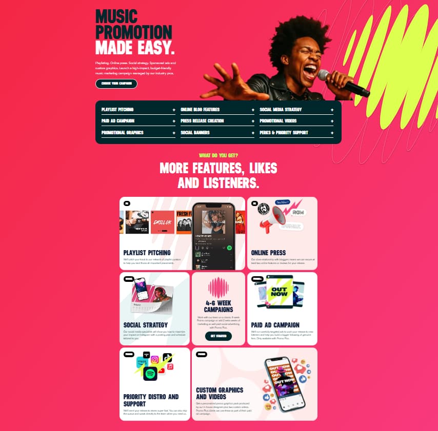 Ditto Music promotion page showing playlist pitching, online press, paid ads, social strategy, and custom graphics for release campaigns
