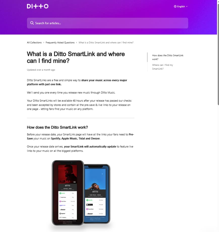Ditto SmartLink support article showing that pre-save links appear before release and live links update automatically after release day