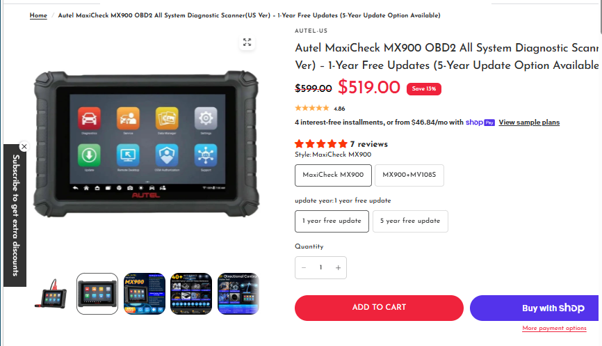 Autel MaxiCheck MX900 diagnostic scanner sale price: $599 reduced to $519