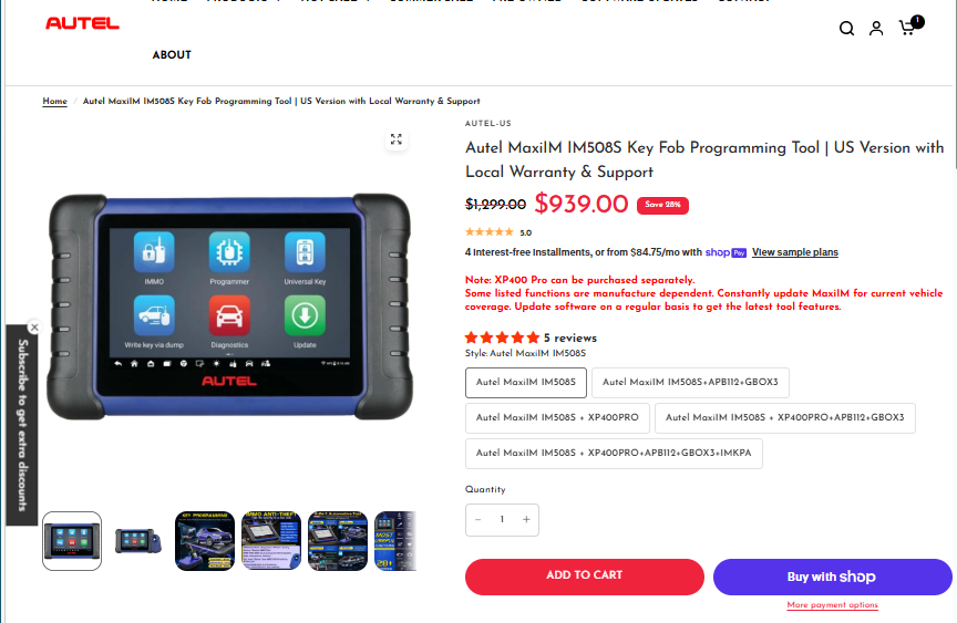 Autel MaxiIM IM508S key programming tool sale price: $1,299 reduced to $939