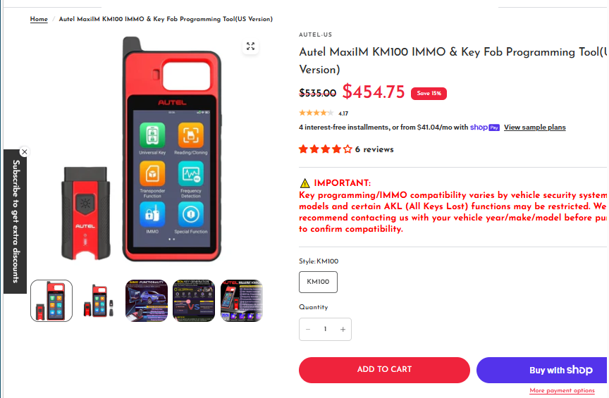 Autel MaxiIM KM100 key programming tool sale price: $535 reduced to $454.75