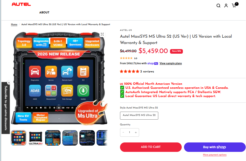 Autel MaxiSYS MS Ultra S2 diagnostic tablet sale price: $6,499 reduced to $5,459