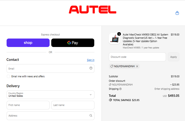 Autel MaxiCheck MX900 checkout proof: NGUYENVANDINH saves $25.95