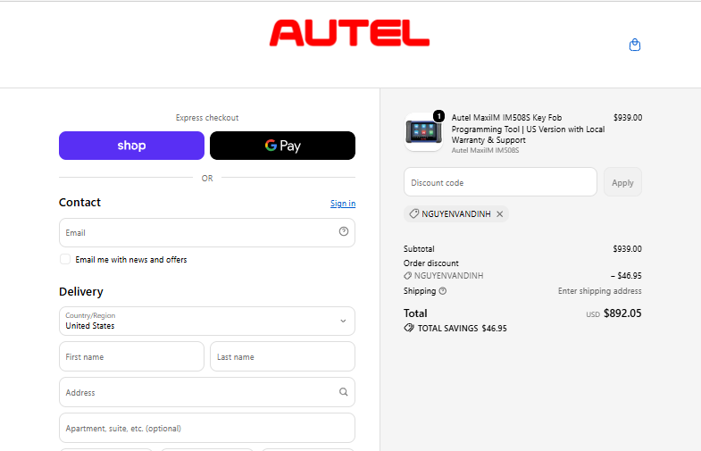Autel MaxiIM IM508S checkout proof: NGUYENVANDINH saves $46.95