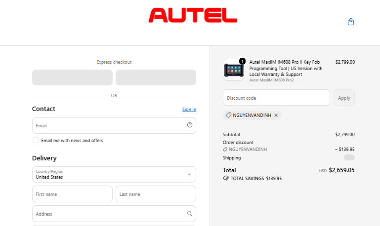 Autel MaxiIM IM608 Pro II checkout proof: NGUYENVANDINH saves $139.95
