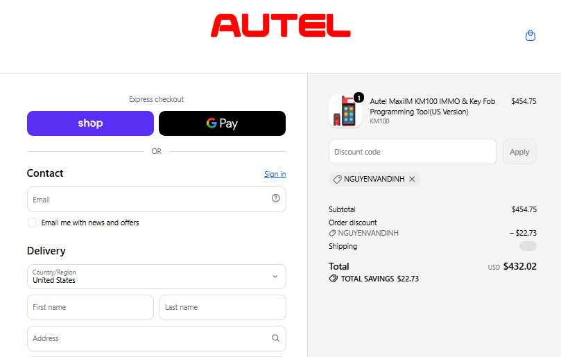Autel MaxiIM KM100 checkout proof: NGUYENVANDINH saves $22.73