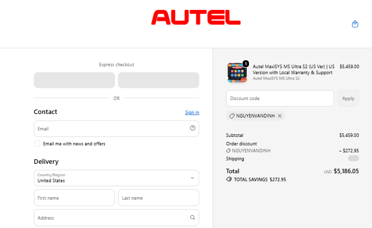 Autel-US coupon code NGUYENVANDINH checkout proof showing $272.95 off the MaxiSYS MS Ultra S2