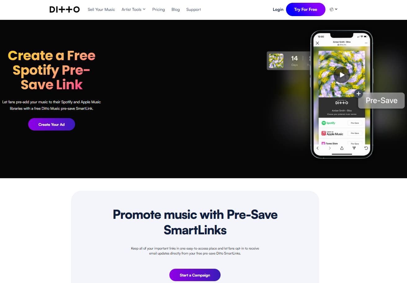 Ditto Music pre-save SmartLinks page showing free Spotify pre-save link creation for independent artists