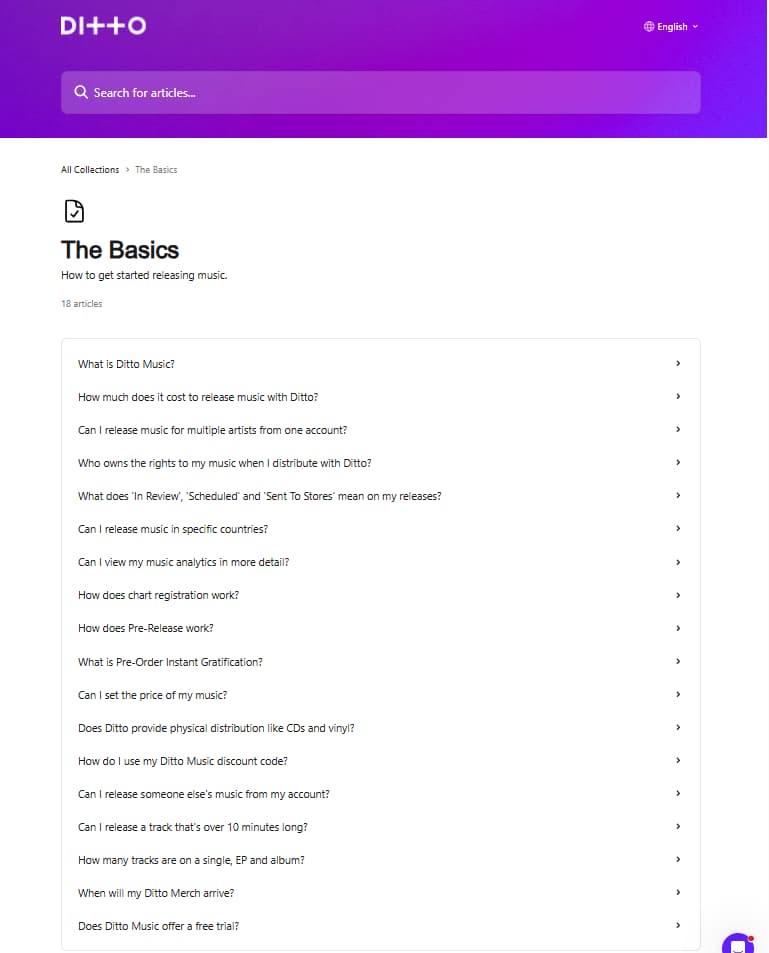 Ditto Music support page for The Basics showing beginner questions about cost, rights, analytics, release status, and free trial