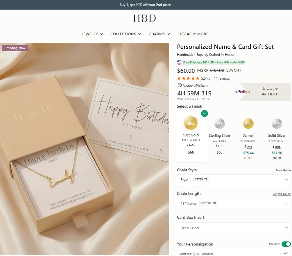 HBD Personalized Name & Card Gift Set product page showing current price, reviews, finish options, and gift-ready necklace presentation