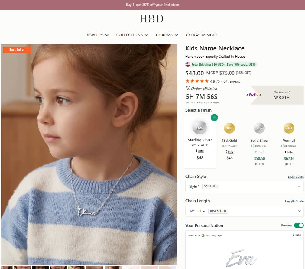HBD Kids Name Necklace product page showing current price, reviews, finish options, and child-friendly personalised necklace styling