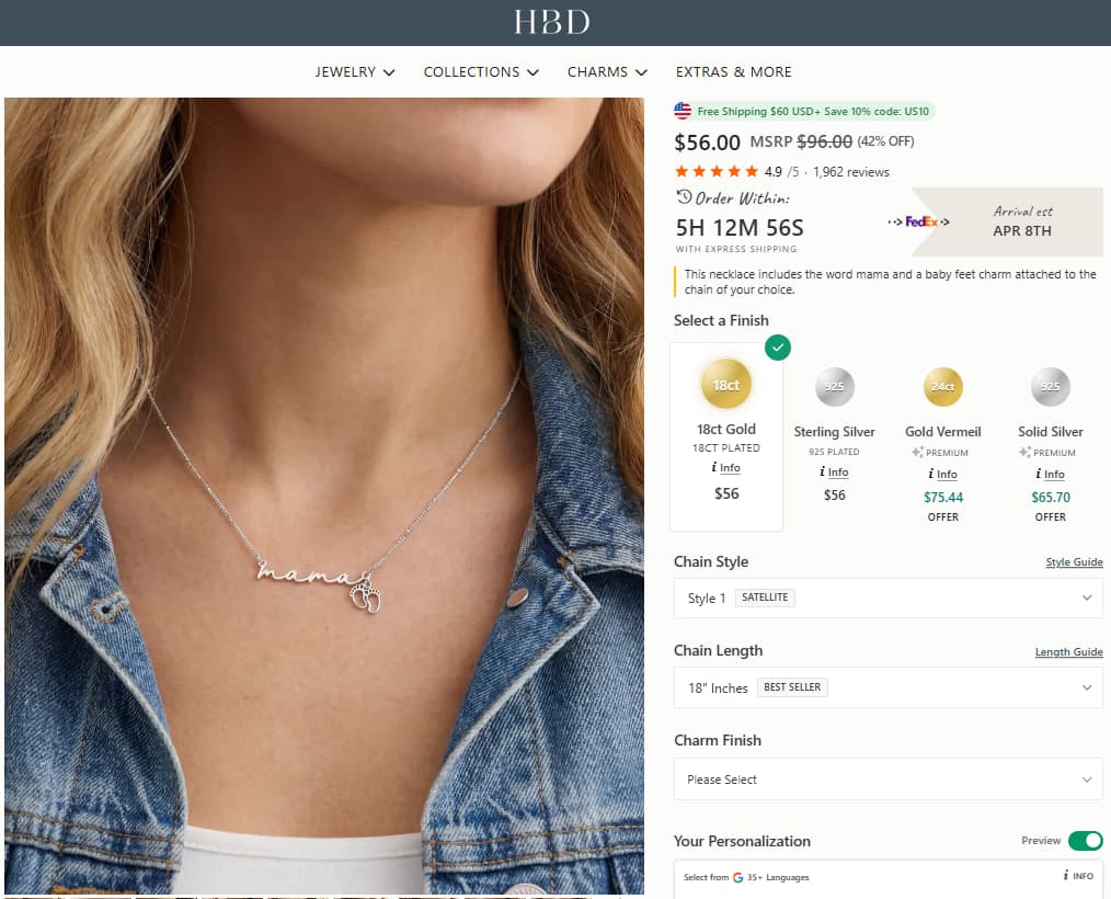 HBD Mama Necklace with Baby Feet Charm product page showing current price, reviews, finish options, and personalised motherhood gift styling