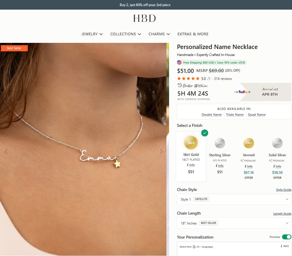HBD Personalized Name Necklace product page showing current price, reviews, finish options, and an all-round personalised gift route