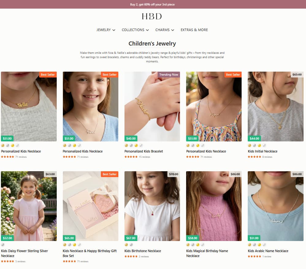 HBD Children’s Jewellery collection page showing personalised kids necklaces, a personalised bracelet, an initial necklace, a birthstone necklace, and a birthday gift box set