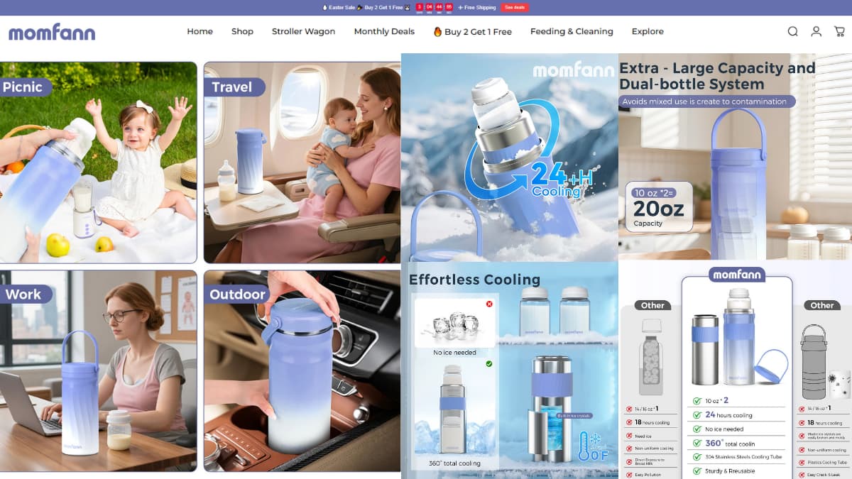 Momfann portable breast milk cooler shown across real-life picnic, travel, work, and outdoor use cases, with visible 24+ hour cooling, dual-bottle storage, and no-ice-needed features.