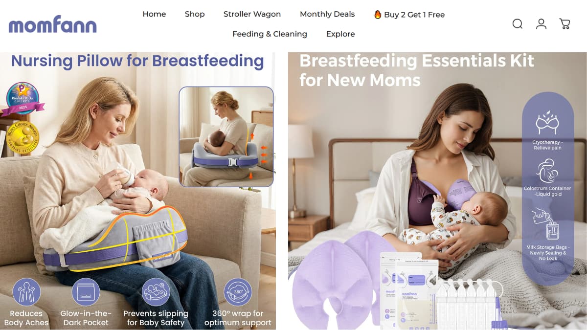 Momfann breastfeeding support comparison featuring nursing pillow and essentials kit
