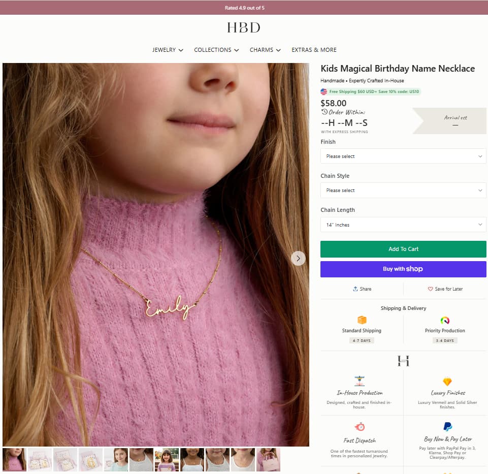 HBD Kids Magical Birthday Name Necklace product page showing a personalised name necklace for children with optional birthday badge